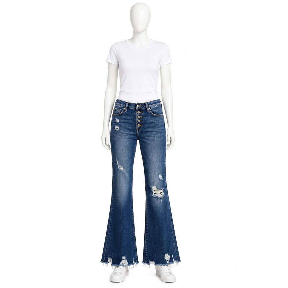 Flying Monkey Mid Rise Flare Jeans Distressed Raw Hem Blue Womens 30x30 baggy